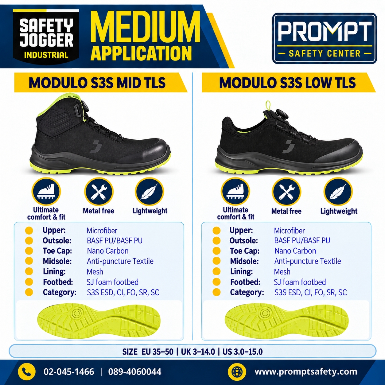 รองเท้านิรภัย SAFETY JOGGER MODULO S3S TLS ระบบหมุนล็อค (MID & LOW)