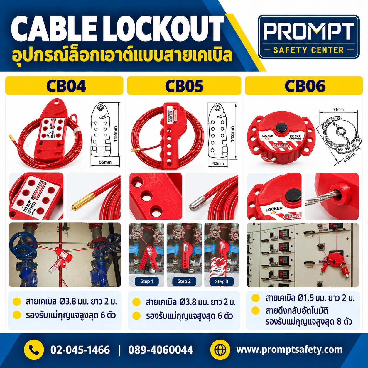 อุปกรณ์ล็อกเอาต์สายเคเบิลดึงกลับอัตโนมัติ Retractable Cable Lockout รุ่น CB04 / CB05 / CB06